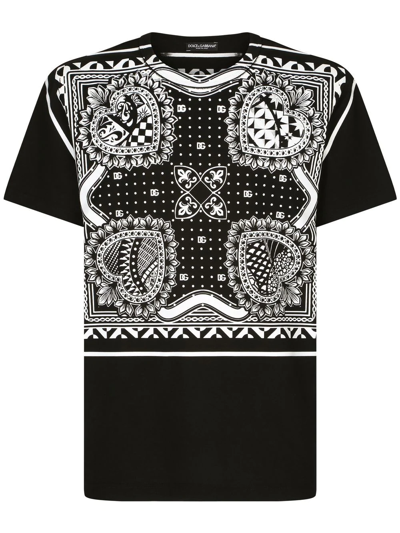 Dolce & Gabbana Black Cotton T-shirt With Bandanna Print In Monochrome |  ModeSens