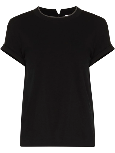Brunello Cucinelli Short-sleeved T-shirt With Rolled Sleeves And Keyhole Detail In Black