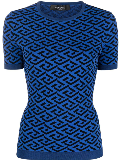 Shop Versace La Greca Jacquard Knitted Top In Blue
