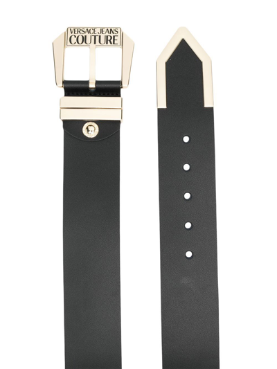 Shop Versace Jeans Couture Engraved-logo Buckle Belt In Black