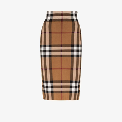 Shop Burberry Brown Kammie House Check Knitted Pencil Skirt