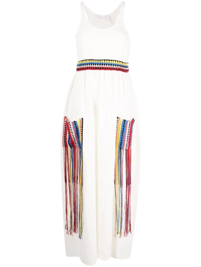 Shop Chloé Crochet-detail Fringed Dress In Neutrals