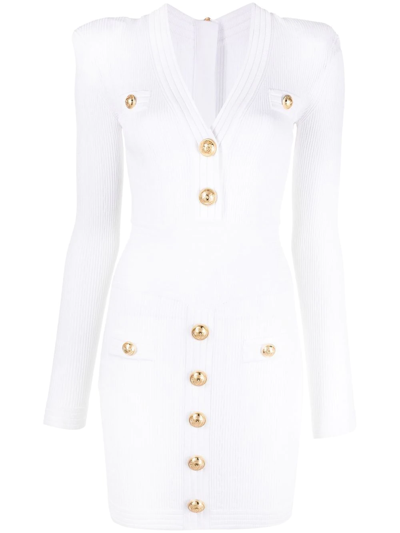 Shop Balmain V-neck Fine Ribbed Dress In White