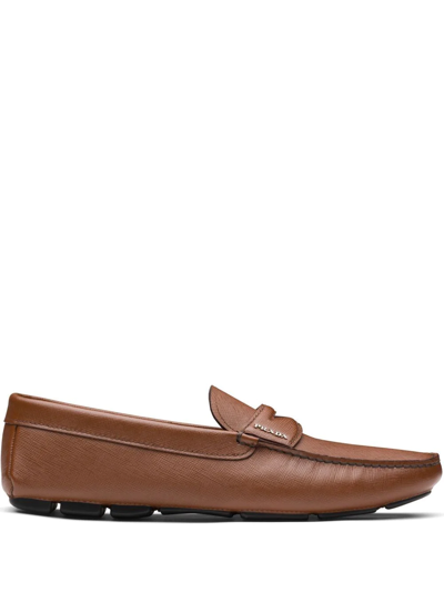 Shop Prada Slip-on Leather Loafers In Brown