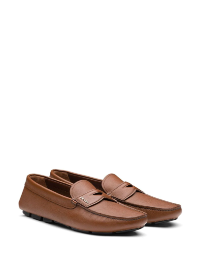 Shop Prada Slip-on Leather Loafers In Brown