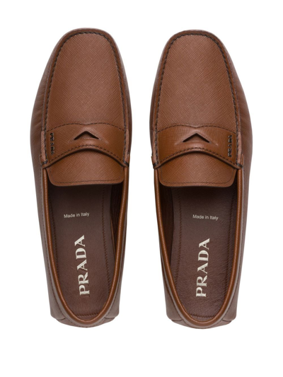 Shop Prada Slip-on Leather Loafers In Brown