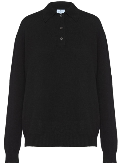 Shop Prada Long-sleeved Knitted Polo Shirt In Black