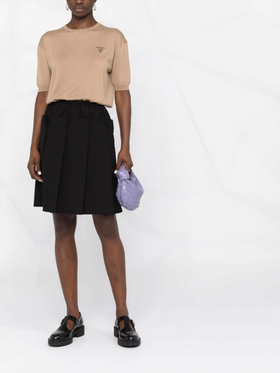 Prada Embroidered-logo Knit Top In Brown
