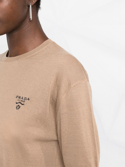 Prada Embroidered-logo Knit Top In Brown