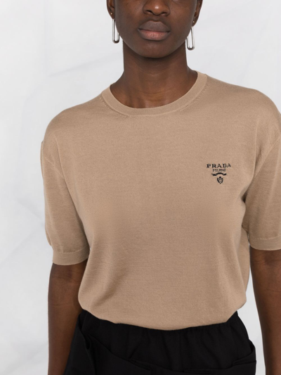 Prada Embroidered-logo Knit Top In Brown