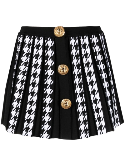 Shop Balmain Houndstooth Mini Pleated Skirt In Black