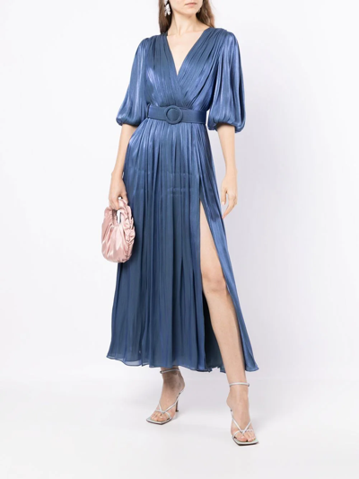 Costarellos Brennie Belted Metallic Plissé-georgette Maxi Dress In Blue