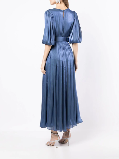 Costarellos Brennie Belted Metallic Plissé-georgette Maxi Dress In Blue