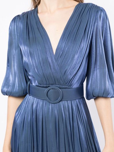 Costarellos Brennie Belted Metallic Plissé-georgette Maxi Dress In Blue