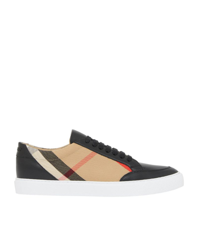 Shop Burberry Leather-trimmed House Check Sneakers In Black