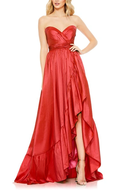 Shop Mac Duggal Ruffle Asymmetric High-low Strapless Gown In Cherry