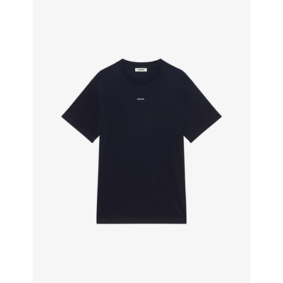 Shop Sandro Men's Noir / Gris Logo-embroidered Crewneck Cotton-jersey T-shirt