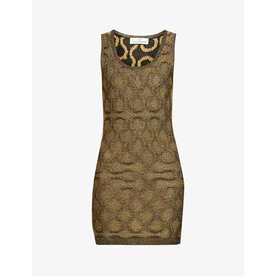 Shop Vivienne Westwood Squiggle-print Logo-embroidered Knitted Mini Dress In Black Gold
