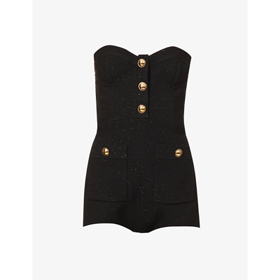 Shop Alessandra Rich Button-embellished Wool-blend Playsuit In Black