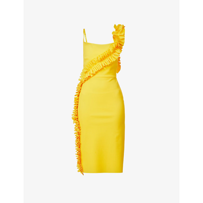 Shop Greta Constantine Ruffle-appliqué Scoop-neck Stretch-woven Midi Dress In Marigold