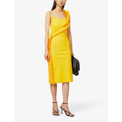 Shop Greta Constantine Ruffle-appliqué Scoop-neck Stretch-woven Midi Dress In Marigold