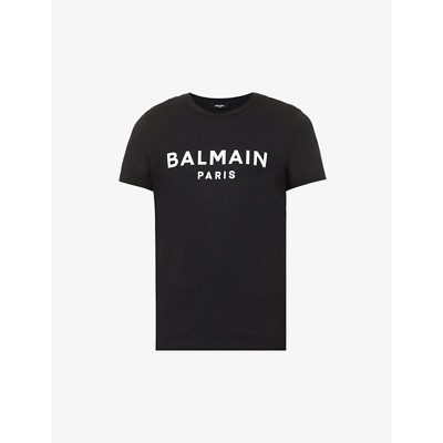 Shop Balmain Mens Noir Blanc Brand-print Relaxed-fit Cotton-jersey T-shirt