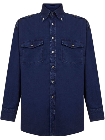 Shop Tom Ford Buttoned Curved Hem Denim Shirt In Blue