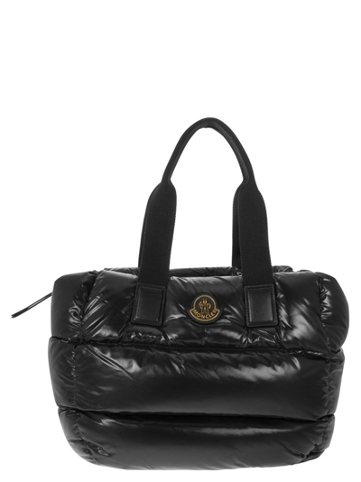 Shop Moncler Logo Patch Padded Top Handle Bag In Black