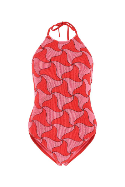 Shop Bottega Veneta Wavy Triangle Printed Swimsuit In Multi