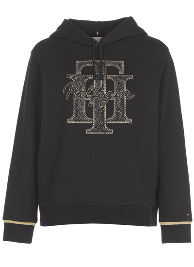 Shop Tommy Hilfiger Logo Embellished Drawstring Hoodie In Black
