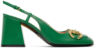 Shop Gucci Green Horsebit Slingback Mid Heels In 3727 New Shamarock