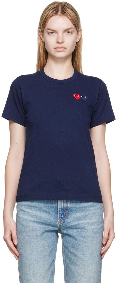 Shop Comme Des Garçons Play Navy Double Heart Patch T-shirt