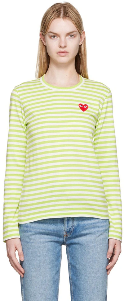Shop Comme Des Garçons Play White & Green Heart Patch Long Sleeve T-shirt