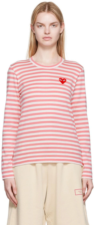 Shop Comme Des Garçons Play White & Pink Heart Patch Long Sleeve T-shirt