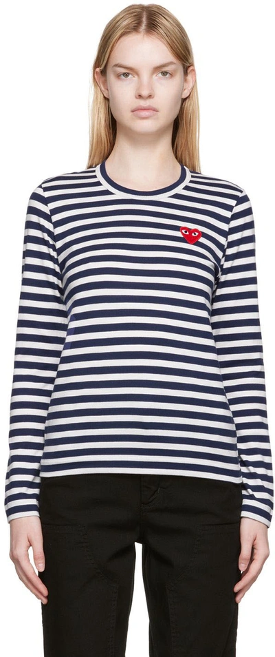 Shop Comme Des Garçons Play White & Navy Heart Patch Long Sleeve T-shirt In Navy/white