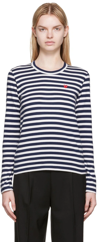 Shop Comme Des Garçons Play White & Navy Small Heart Patch Long Sleeve T-shirt In Navy/white