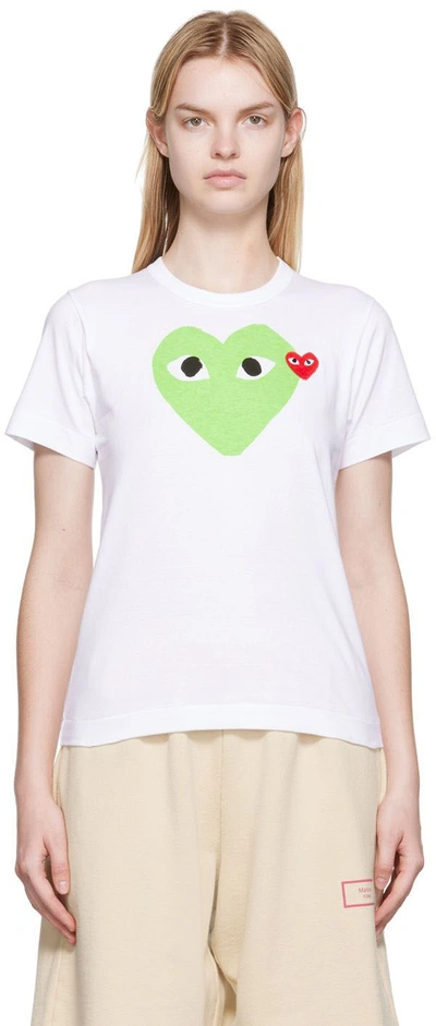 Comme Des Garçons Play White & Green Large Double Heart T-shirt In Green