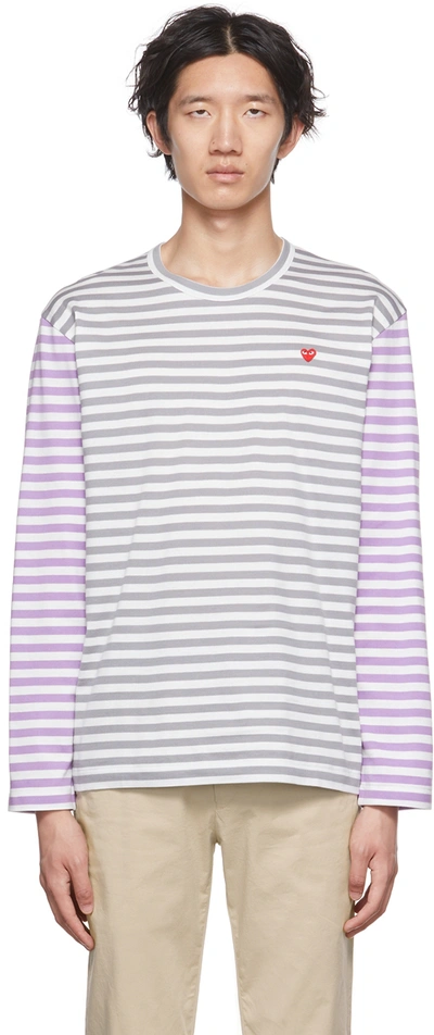 Shop Comme Des Garçons Play Gray & Purple Heart Long Sleeve T-shirt In Grey