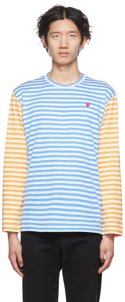 Shop Comme Des Garçons Play Blue & Yellow Heart Long Sleeve T-shirt