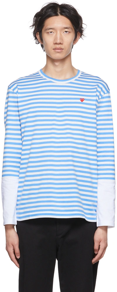 Shop Comme Des Garçons Play Blue & White Heart Long Sleeve T-shirt