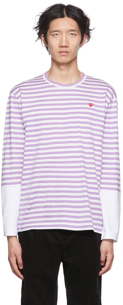 Shop Comme Des Garçons Play White & Purple Heart Long Sleeve T-shirt