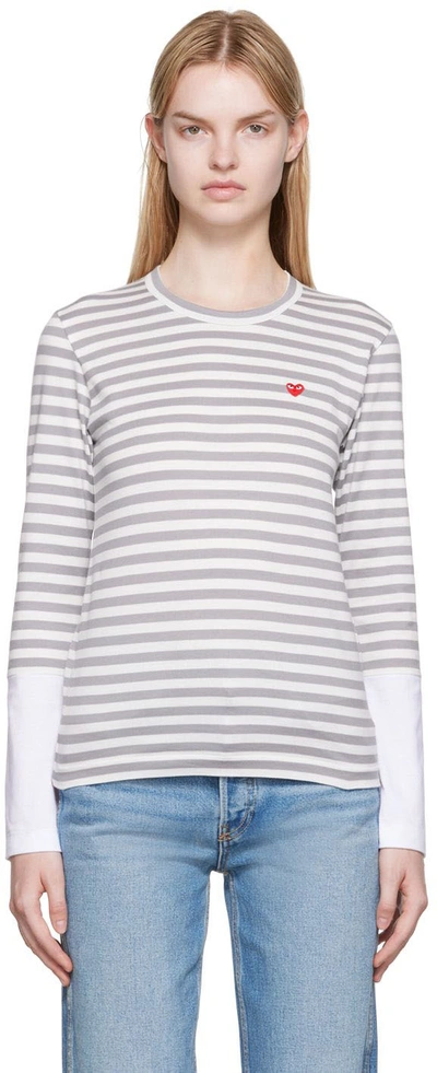 Shop Comme Des Garçons Play White & Gray Small Heart Patch Long Sleeve T-shirt In Grey/white