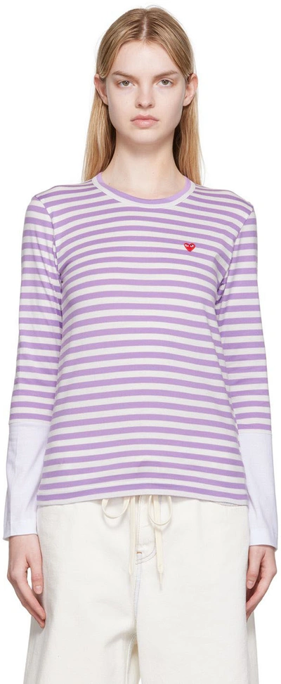 Comme Des Garçons Play White & Purple Small Heart Patch Long Sleeve T-shirt In Purple/white