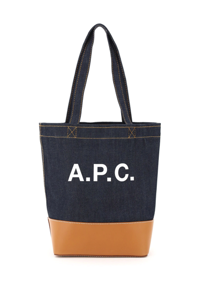 Shop Apc Axelle Denim Small Tote Bag In Blue,brown