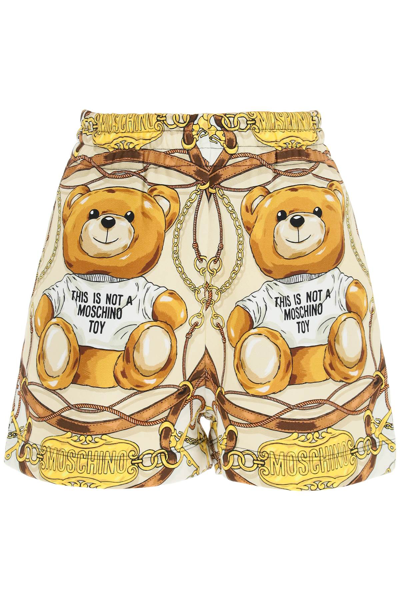 Shop Moschino Military Teddy Sweatshorts In Beige,brown