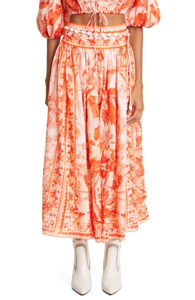 Shop Zimmermann Lyre Palm Print Linen Midi Skirt In Red Palm