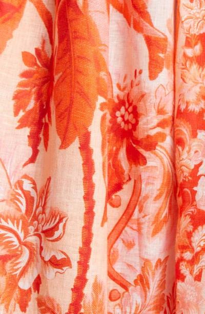 Shop Zimmermann Lyre Palm Print Linen Midi Skirt In Red Palm