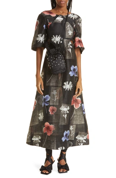 Shop Ganni Floral Print Linen & Silk Midi Dress In Flowers Black