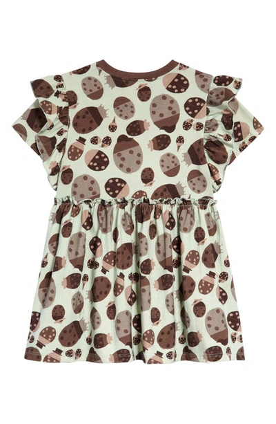 Shop Naseberry Ladybug Ruffle Organic Cotton Dress In Brown/ Beige/ Green