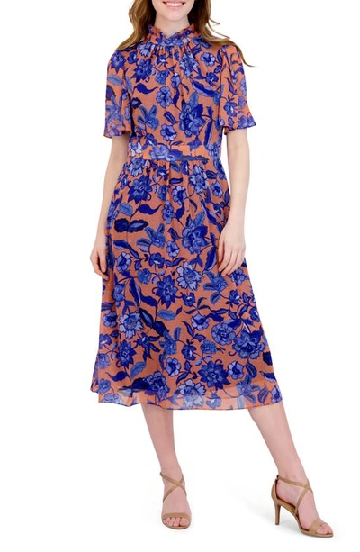 Shop Julia Jordan Floral Mock Neck Midi Dress In Peach Multi